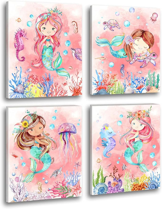 Mermaid Wall Art,Mermaid Pictures Wall Decor,Pink Ocean Canvas Prints Painting,Cute Watercolor Framed Artwork for Bathroom Girls Bedroom Living Room Home Decoration Set of 4(8"X10")