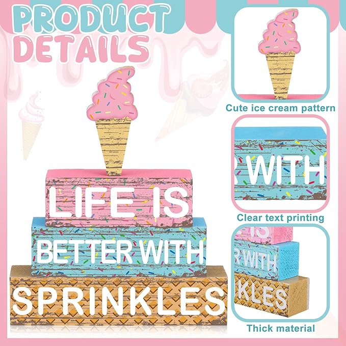 Geelin 4 Pieces Summer Ice Cream Table Wooden Decorations Ice Cream Wood Sign Centerpiece Home Decor Bar Party Decorations Blocks Tiered Tray Table Top Sign for Home