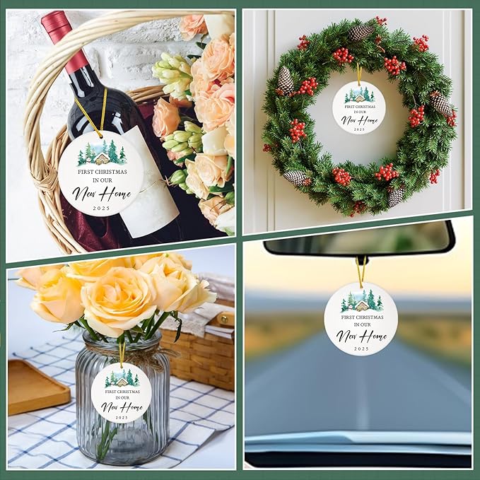 D4DREAM New Home Ornament 2025-3'' Ceramic First Christmas in Our New Home Ornaments Christmas Housewarming Gift for Women Couple Friends Home Car Decor Newhouse Owners Gift Ideas