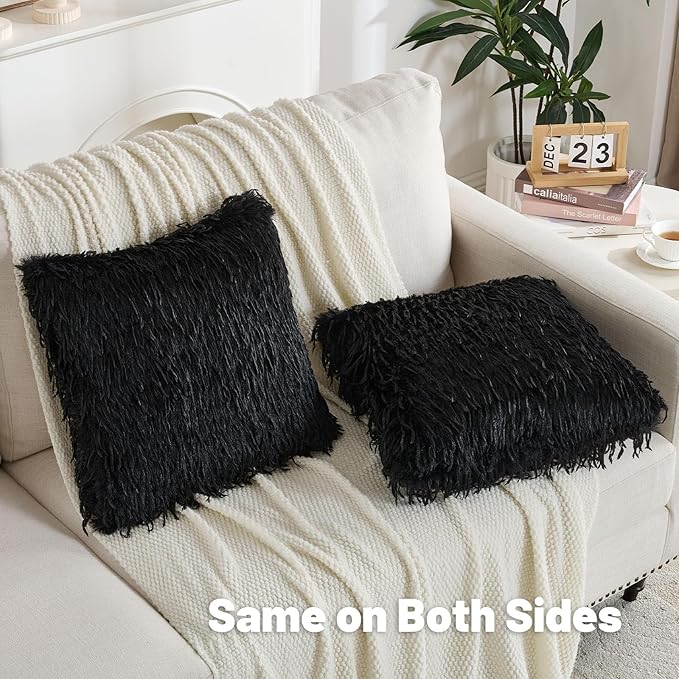 FUTEI Black Decorative Throw Pillow Covers 20x20 Inch Set of 2,Soft Fluffy Faux Feather Texture Cushion Cases,Modern Home Luxury Decor for Couch Bed Living Room