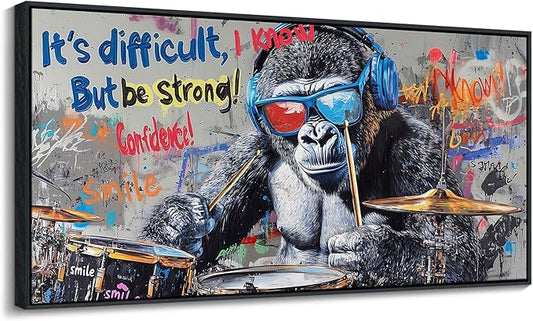 QZQCBLC Large Canvas Wall Art - Abstract Graffiti Gorillas Playing Drums Street Paintings Artwork Black White Pictures for Living room Bedroom Bar Men's Teenager Game Room Home Decor 24X48