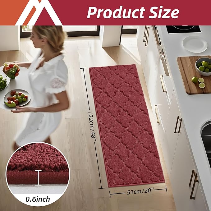 COSY HOMEER-Kitchen-Rugs 20"x48" Non-Slip Absorbent Soft Kitchen Runner Rug Polyester Kitchen Mats for Floor Washable Kitchen Standing Floor Mat for Sink Mat,Hallway,Laundry,Red
