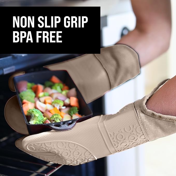 BPA-Free Silicone Oven Mitts Ultra Heat Resistant up to 500°F - Oven Mitts with Thick Cotton Liner - Long Slip Resistant Pot Holders, Flexible Oven Gloves - Beige 14.7