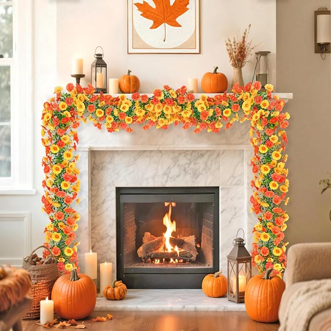 Dremisland Fall Artificial Flowers Garland 2Pcs 5.9Ft Artificial Fall Morning Glory Flower Vines UV Resistant Orange Yellow Hanging Autumn Floral Vines for Home Garden Wedding Party Thanksgiving Decor
