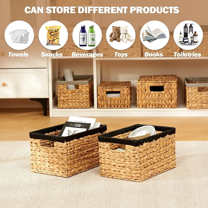 Wicker Storage Basket 2 Pack, Water Hyacinth Storage Baskets with Built-in Handles, Large Wicker Baskets for Storage & Organizing, Natural with Black