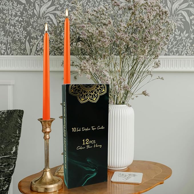 12-Pack Orange Taper Candles - 10 Inch Unscented Dripless Candlesticks, Long Burning for Halloween, Thanksgiving, Fall Decor & Dinner Parties