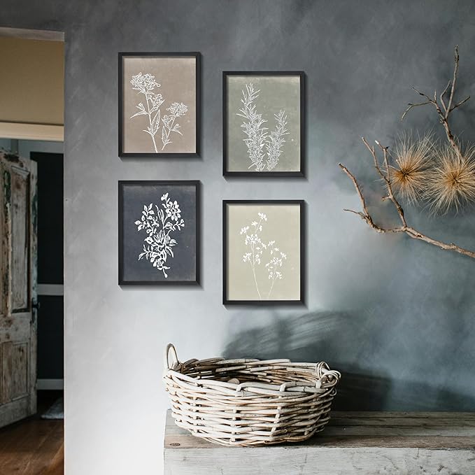 Heiple Framed Wall Art Set of 4 for Boho Home decor Botanical Print Wall Art for Rustic Vintage Farmhouse Wall Decor for Living Room (Black,12”x16”)