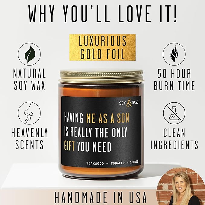 Mothers Day Gifts for Mom, Mom Gifts From Son - 'Having me as a Son' Soy Candle, w/Mahogany Teakwood I Mom Birthday Gifts from Son Ideas I 50Hr Burn, USA Made