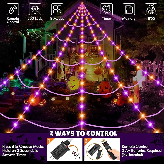 Halloween Decorations Spider Web: Halloween Spider Web Light 250 Purple & Orange LED Lights 59" Giant Spiders Scary Halloweens Decorations Outdoor Indoor for Party Garden Yard Home Haunted House Decor