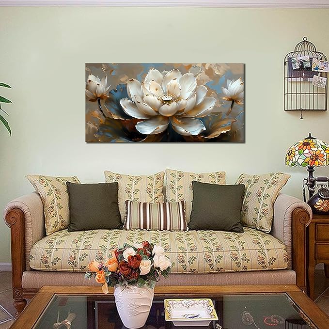 White Flower Wall Art for Living Room - Gold Paintings Wall Art for Office - Bedroom Pictures Wall Decor for Women Size 20" x 40"