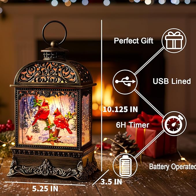 Christmas Snow Globe Lighted Cardinal Scene, Musical Snow Water Lantern Swirling Glittering Holiday Decoration and Gift for Family Children or Friends