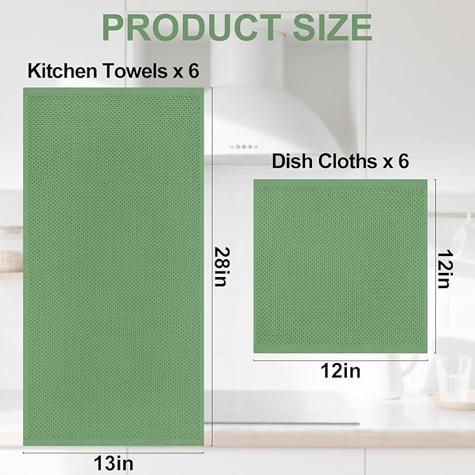 Homaxy 100% Cotton Kitchen Towels and Dishcloths Set, 12 x 12 Inches and 13 x 28 Inches, Set of 12 Bulk Kitchen Towels Set, Ultra Soft Absorbent Dish Cloths for Washing Dishes, Grass Green