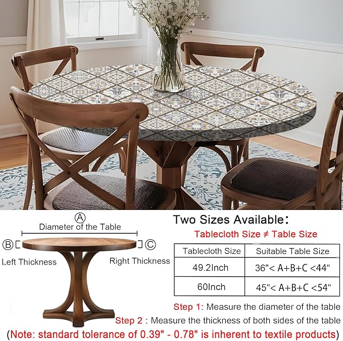 Fitted Farmhouse Round Tablecloth for 36-44" Tables Stain Resistant Vinyl Manteles Redondos para Mesa Apartment Kitchen Equipment Camping Picnic Products Womens Mens Cool Useful Gift Ideas