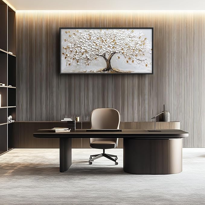 Olivine Tree Large Wall Art, White And Golden Pictures Wall Decor, Tree Of Life Paintings Canvas Prints, Framed Artwork for Dining Room Bedroom Living Room Office Bathroom Home Decoration 60"x30"