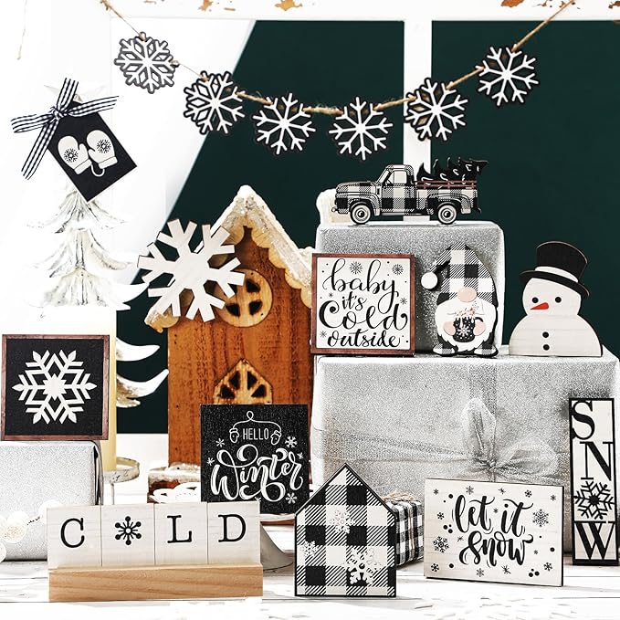 17 Pcs Christmas Tiered Tray Decor Set Winter Tiered Tray Decorations Farmhouse Tabletop Centerpiece Christmas Wooden 3D Sign for Xmas Home Buffalo Plaid Rustic Table Decoration(Cool)