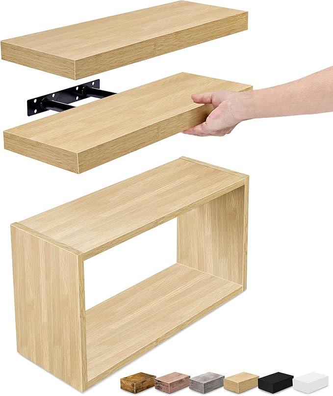 Sorbus Floating Shelves for Wall Set of 3 - Bathroom Shelves for Wall Storage, Over Toilet, Bedroom, Farmhouse, Decor - 2 Floating Shelves with Invisible Brackets & 1 Rectangular Box