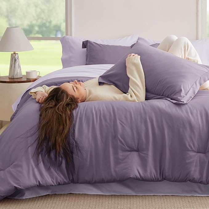 Bedsure Queen Comforter Set - 7 Pieces Grayish Purple Queen Bedding Set for All Seasons, Boho Contrasting Design Bed in a Bag with Comforter, Sheets, Pillowcases & Shams