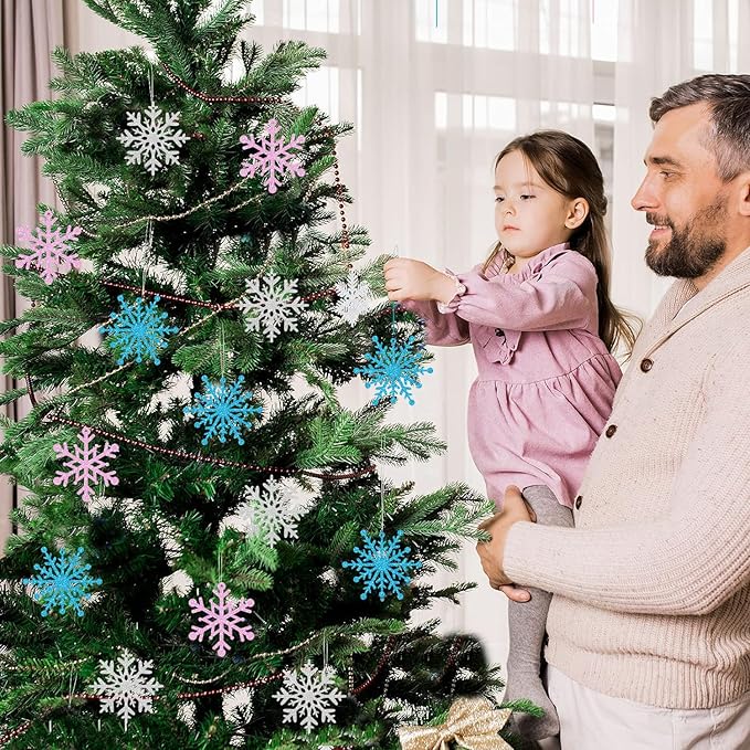 Winter Snowflake Hanging Ornaments Decors, Frozen Snowflakes Ceiling Streamers Sparkly Snow Decor for Christmas Birthday Winter Wonderland New Year, Glitter Pink Blue Sliver Snowflake Garland