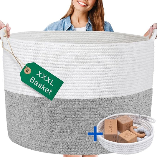 XXXL WASHABLE Large Blanket Basket 85L 2PCs Handmade Decorative Woven Baskets for Storage - Soft Durable XXX Large Cotton Rope Blanket Storage for Living Room, Toys, Organizer 22" x 14" (Grey/White)