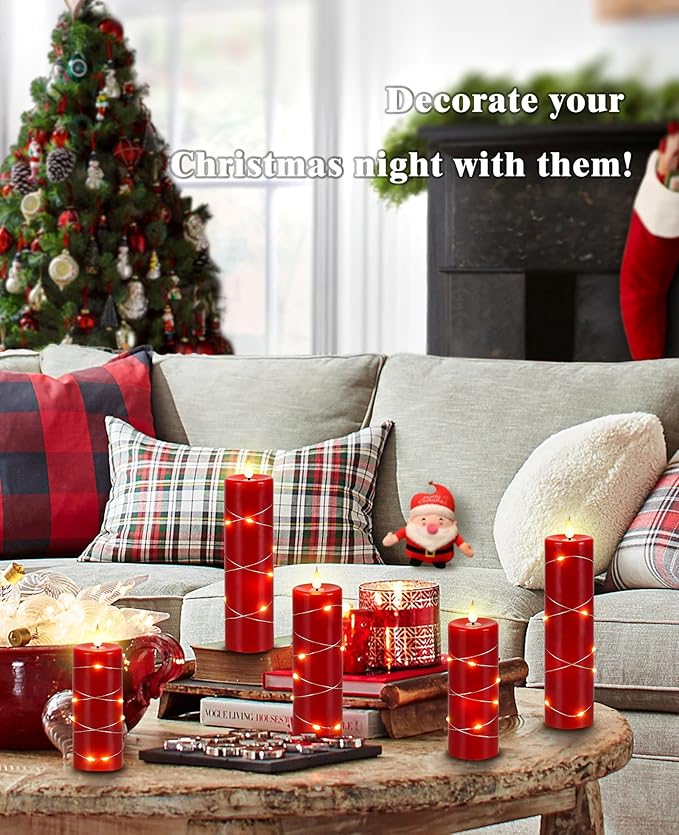 Da by Red Flameless Candles with String Lights, Battery Operated Candles with Remote Control and Timer,Flickering LED Pillar Candles for Home Décor,Real Wax,5 Pack -Red