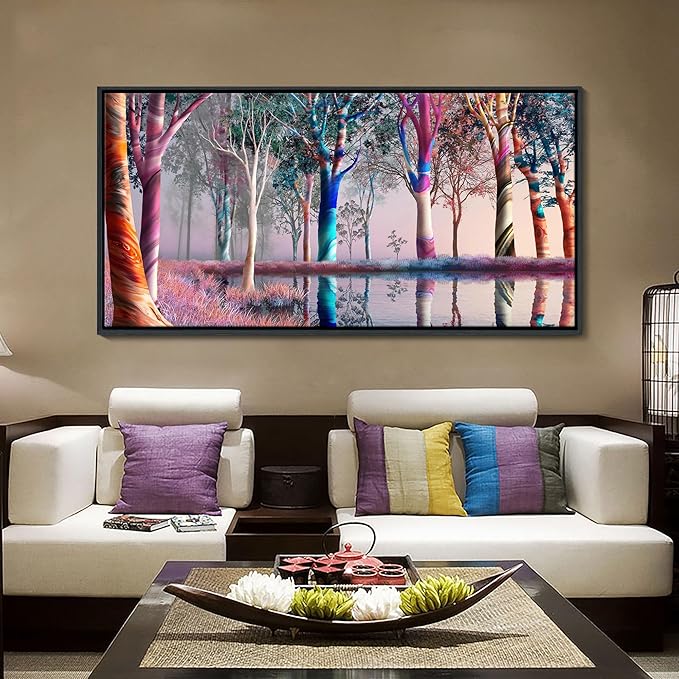 KLAKLA Extra Large Canvas Paintings Wall Art - Fantasy Wooded Wild Lakes Red Pink Room Decor Rainbow Artwork Framed Picture for Living Room Bedroom Decoration