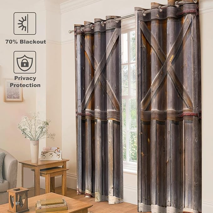 Jekeno Rustic Wooden Barn Door Blackout Curtains Vintage Farmhouse Wood Countryside Decor Sunlight Blocking Drapes Home Bedroom Living Room Grommet Window Drapes 2 Panel Set, 52"x84"