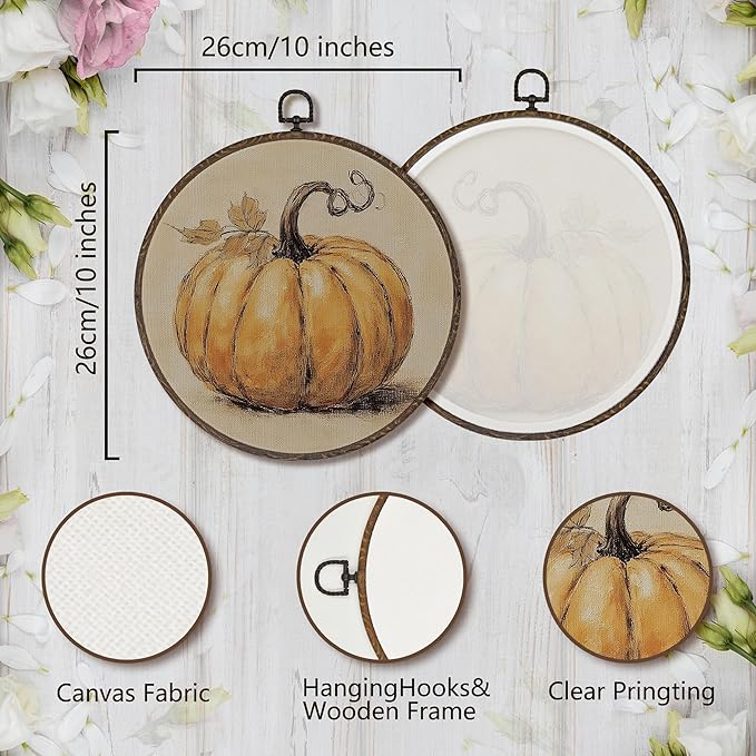 XNXLDYLH Vintage Fall Pumpkin Round Framed Wall Art Decor, Rustic Thanksgiving Farmhouse Hanging Wall Decor Decorations, Autumn Fall Canvas Prints Wall Art Paintings for Bedroom Living Room, 10x10Inch