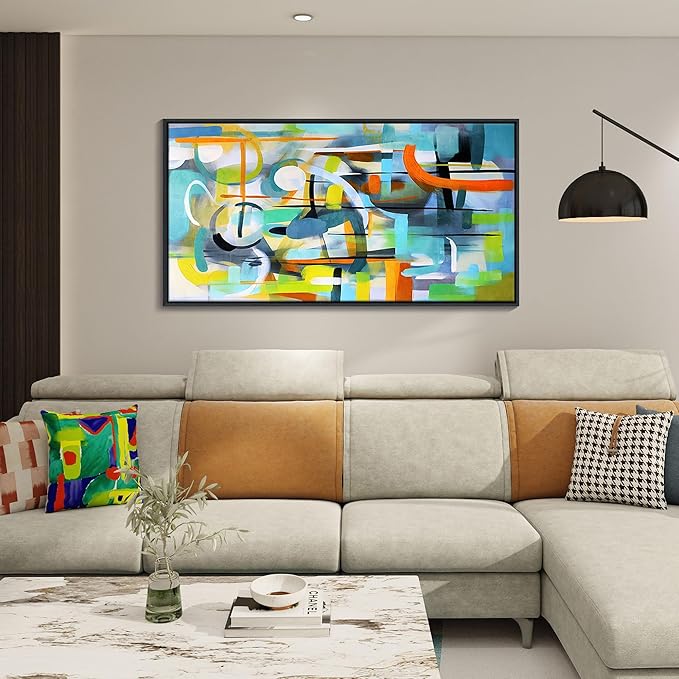 Mofutinpo Abstract Wall Art- Framed Modern Colorful Canvas Wall Pictures-Teal And Blue Line Art -Pictures for Living Room Wall Decoration- Graffiti Paintings for Bedroom-Office Wall Decor 24×48IN