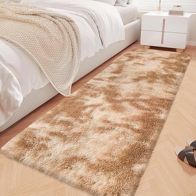 Super Soft Fluffy Living Room Area Rugs 2x6 ft Tie-Dyed Beige Shaggy Furry Carpet Washable Non-Slip Floor Rug Bedroom Bedside Nursery Rug Fuzzy Girls Boy Reduce Noise Dorm Home Decor