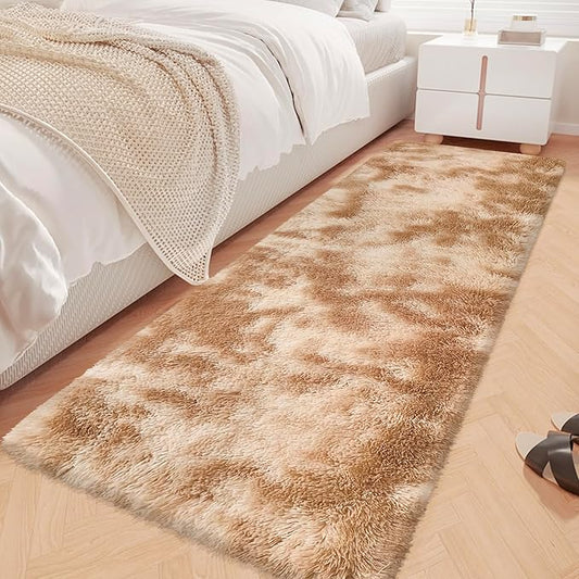 Super Soft Fluffy Living Room Area Rugs 2x6 ft Tie-Dyed Beige Shaggy Furry Carpet Washable Non-Slip Floor Rug Bedroom Bedside Nursery Rug Fuzzy Girls Boy Reduce Noise Dorm Home Decor