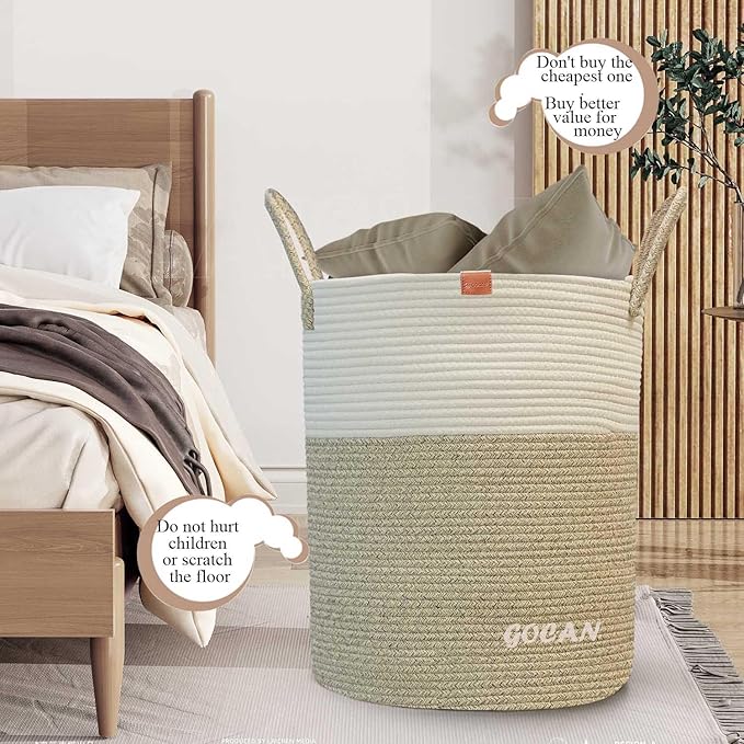 large tall sturdier Laundry Hamper Basket Woven Storage Baskets for clothes Pillows Blanket Toy in living or bed room decoration H50XD38cm borwn/beige
