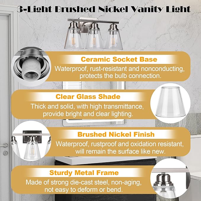 Brushed Nickel 3 Light Vanity Light Set with Hardware - 5 Piece Bathroom Accessories Set