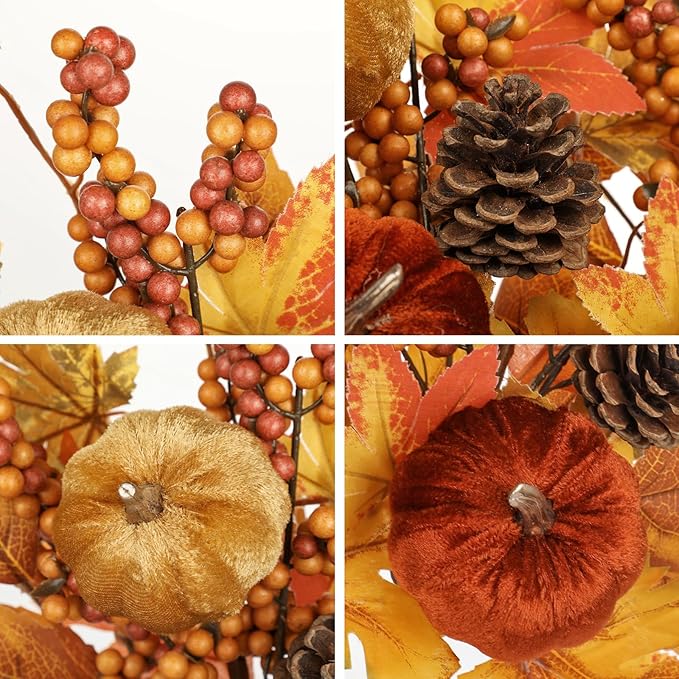 Briful 2Pack 16in Fall Picks and Sprays with Velvet Pumpkins Pinecones Berries Maple Leaves Artificial Fall Floral Branches Stems for Vases Autumn Table Centerpieces Seasonal Home Decor