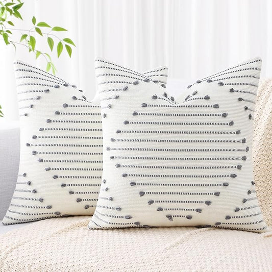Mecatny Boho Outdoor Throw Pillow Covers 18X18 Set of 2, Farmhouse Decorative Pillow Covers for Couch Sofa Living Room, Grey & Cream White