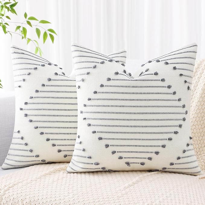 Mecatny Boho Outdoor Throw Pillow Covers 20X20 Set of 2, Farmhouse Decorative Pillow Covers for Couch Sofa Living Room, Grey & Cream White