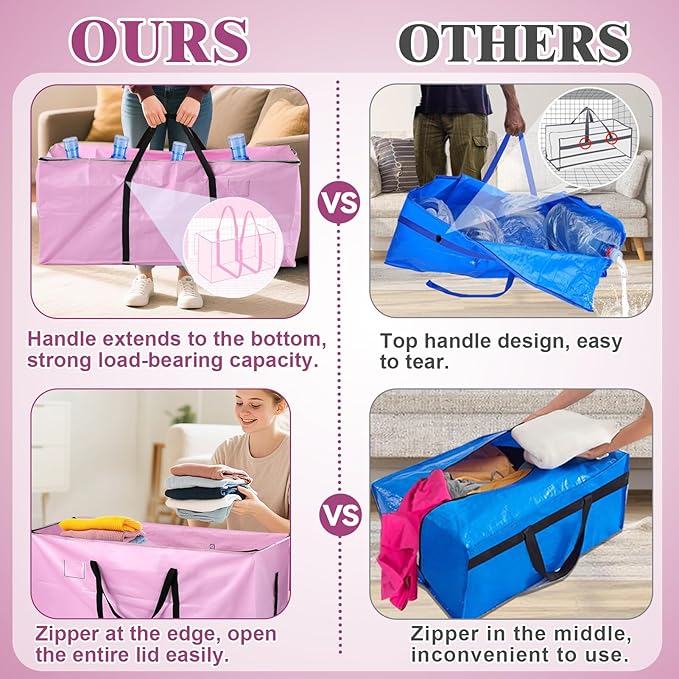 66 Gallon Extra Large Moving Bags - Heavy Duty Storage Bags with Zipper & Strong Handles, Pink Packing Bag for Moving, Storage, Travel and Camping, College Dorm & Home Supplies, 2 Pcs