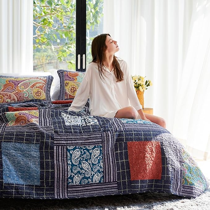 Secgo King Size Comforter Set- 100% Cotton Quilt King Size Set, Black bedspreads (96 * 108 Inch) with 2 Pillow Shams, Patchwork Reversible Lightweight Bedding