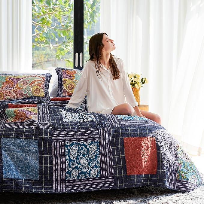 Secgo California King Quilt Size - 100% Cotton Oversized California Comforter Set Bedding Sets (120 * 110 Inch) with 2 Pillow Shams, Patchwork Reversible Lightweight Bedspread