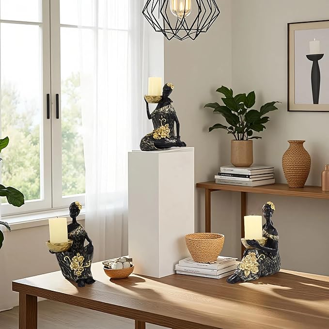 African Lady Candle Holder Set of 3 – Resin Figurines with Gold Bowls for Tea Light or Small Pillar Candles – Decorative African Women Statues for Home, Shelf, or Table Centerpiece