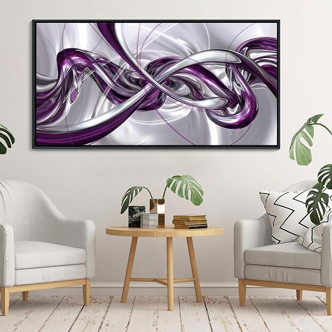 Pogusmavi Purple Wall Art - 3D Framed Canvas Abstract Art for Living Room, Modern Silver Wall Decor, Office Artwork, Bedroom Pictures, Contemporary Prints, Paintings for Wall Decorations 29×58IN