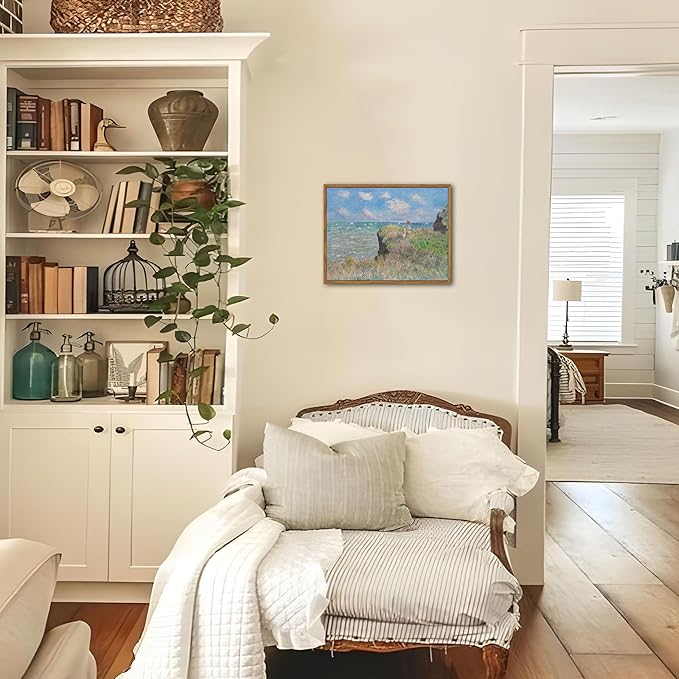 Framed Vintage Monet Wall Art Coastal Decor – Impressionist Seaside Oil Painting Canvas Prints – Nature Beach Scene Landscape Aesthetic Wall Decor for Living Room Bedroom Bathroom – 8"x10"