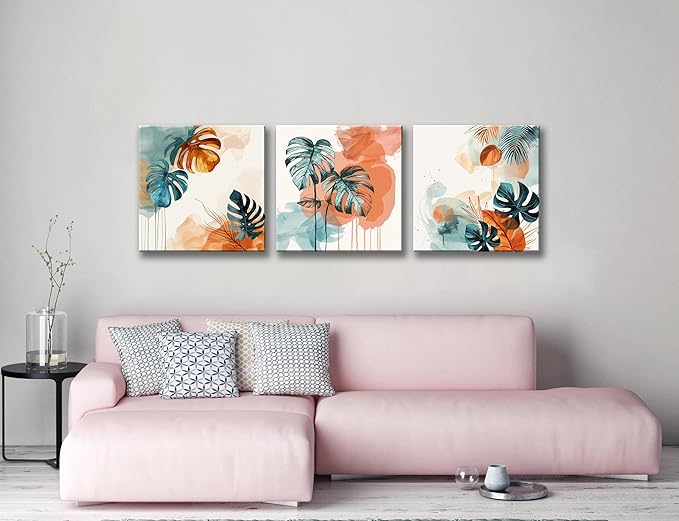 NAN Wind 3Pcs Abstract Tropical Leaves Canvas Art Modern Botanical Wall Decor Teal and Orange Leaf Minimalist Jungle Wall Art Framed Contemporary Nature-Inspired Print for Living Room or Bedroom