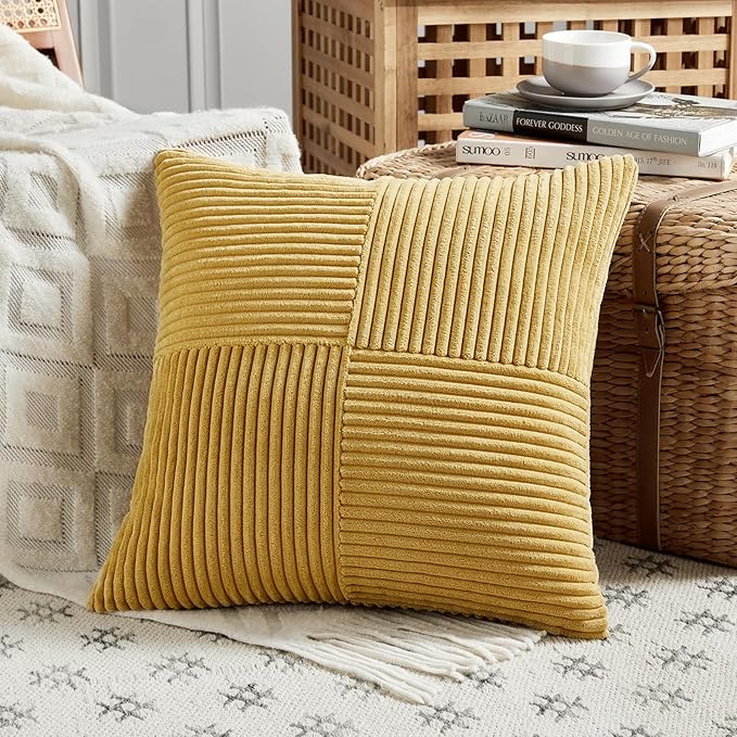 Fancy Homi 4 Packs Mustard Yellow Decorative Throw Pillow Covers 18x18 Inch for Living Room Couch Bed, Farmhouse Boho Home Decor, Soft Cross Corduroy Patchwork Textured Accent Cushion Case 45x45 cm
