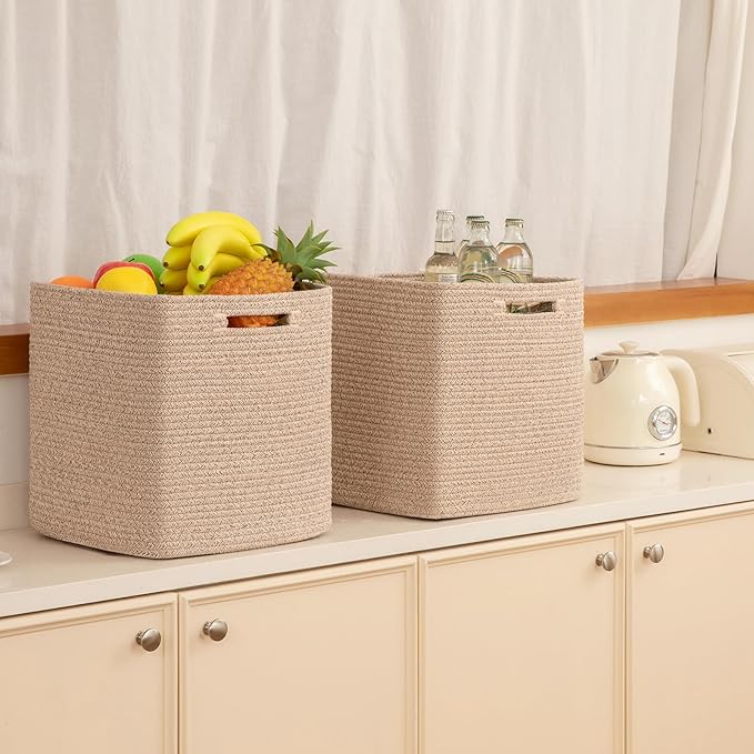 OIAHOMY Storage Cubes, 13 Inch Cube Storage Organizer, Collapsible Storage Bins, Baskets for Organizing, Storage Bins for Shelves-Brown, 3-PACK