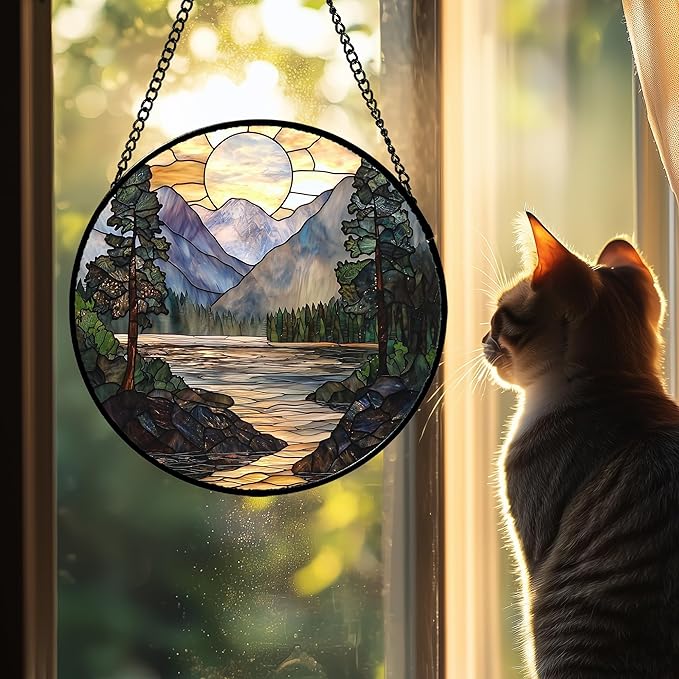 Stained Glass Window Hanging, Sunset Mountains Lake Tree Sun Catcher for Window Home Decor Landscape Suncatcher Mother's Day Birthday Gifts for Women Men Mom and Nana 6.3 in
