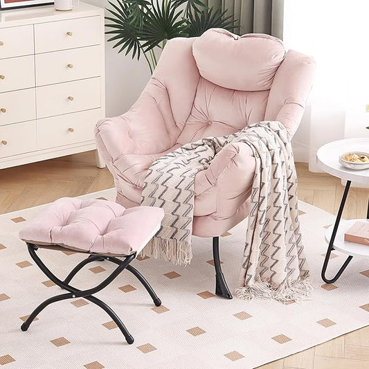 Lazy Chair with Ottoman, Modern Chair with Folding Footrest, Lounge Accent Chair, Comfortable Reading Chair, Oversized Armchairs for Bedroom, Study, Living Room, Courtyard (Pink)