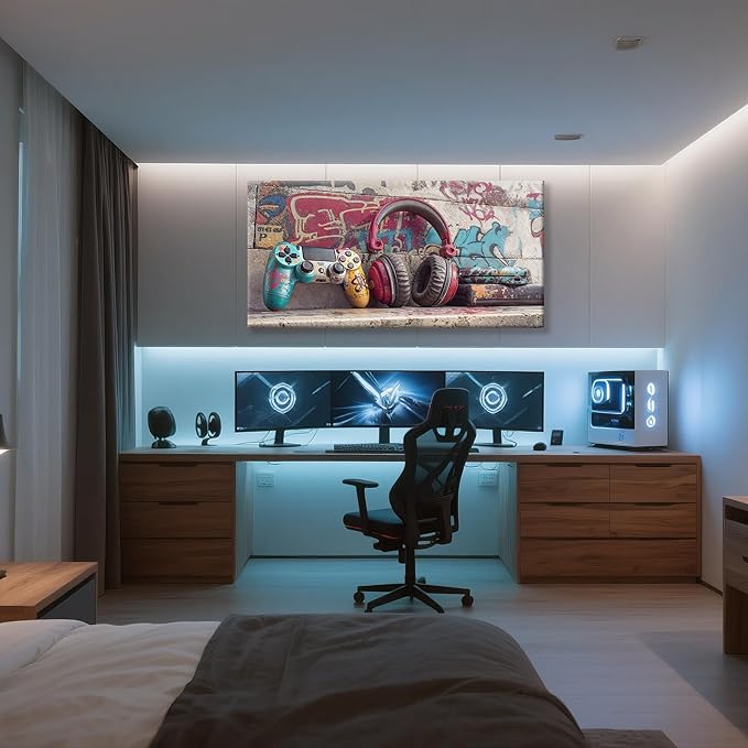 Cool Gaming Wall Art Retro Video Game Watercolor Posters Print Artwork Colorful Neon Gamepad Canvas Art Wall Decor Painting Picture For Bedroom Game Room For Boys Home Wall Decor 24 X 48 In