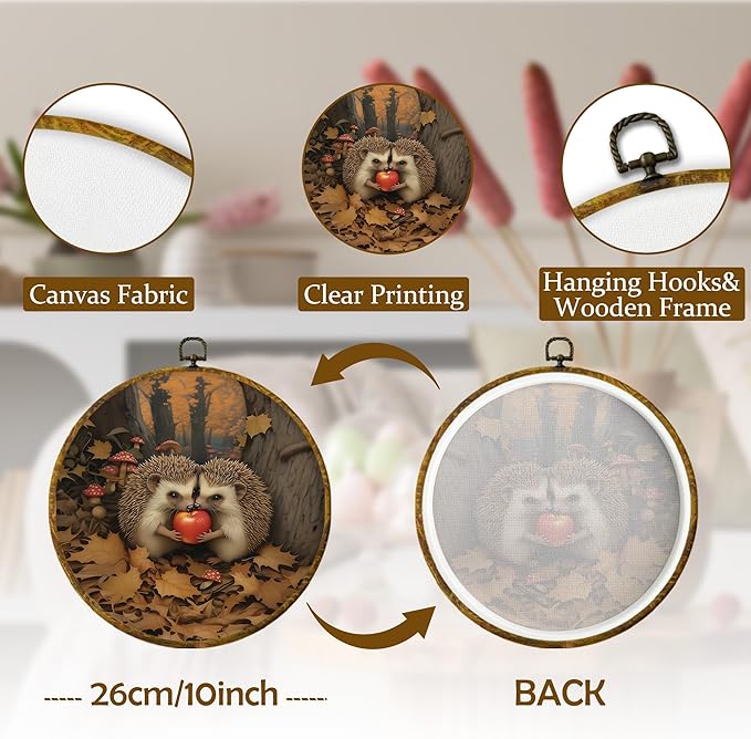 Mcehtle Vintage Fall Hedgehog Wall Art Decor,Rustic Autumn Cottagecore Forest Framed Canvas Prints 10x10, Animal Wildlife Maple Leaves Round Wall Hanging Artwork Decorations for Home Bedroom Gallery