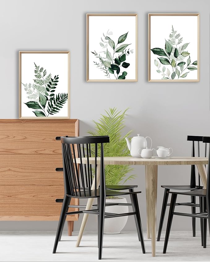 UPWOIGH 12x16 in Green Framed Wall Art, Olive Leaf Plant Canvas Wall Decor, Set of 3 Neutral Botanical Prints Artwork for Living Room and Bedroom, Gift