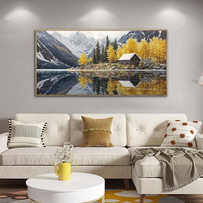 KLAKLA Living Room Wall Art - Tranquil Lake Cabin Orange Tree Forest Snowy Mountain Canvas Wall Decor Oversize Landscape Picture Framed Artwork for Bedroom Office Walls Home Decoration 48x24 Inches